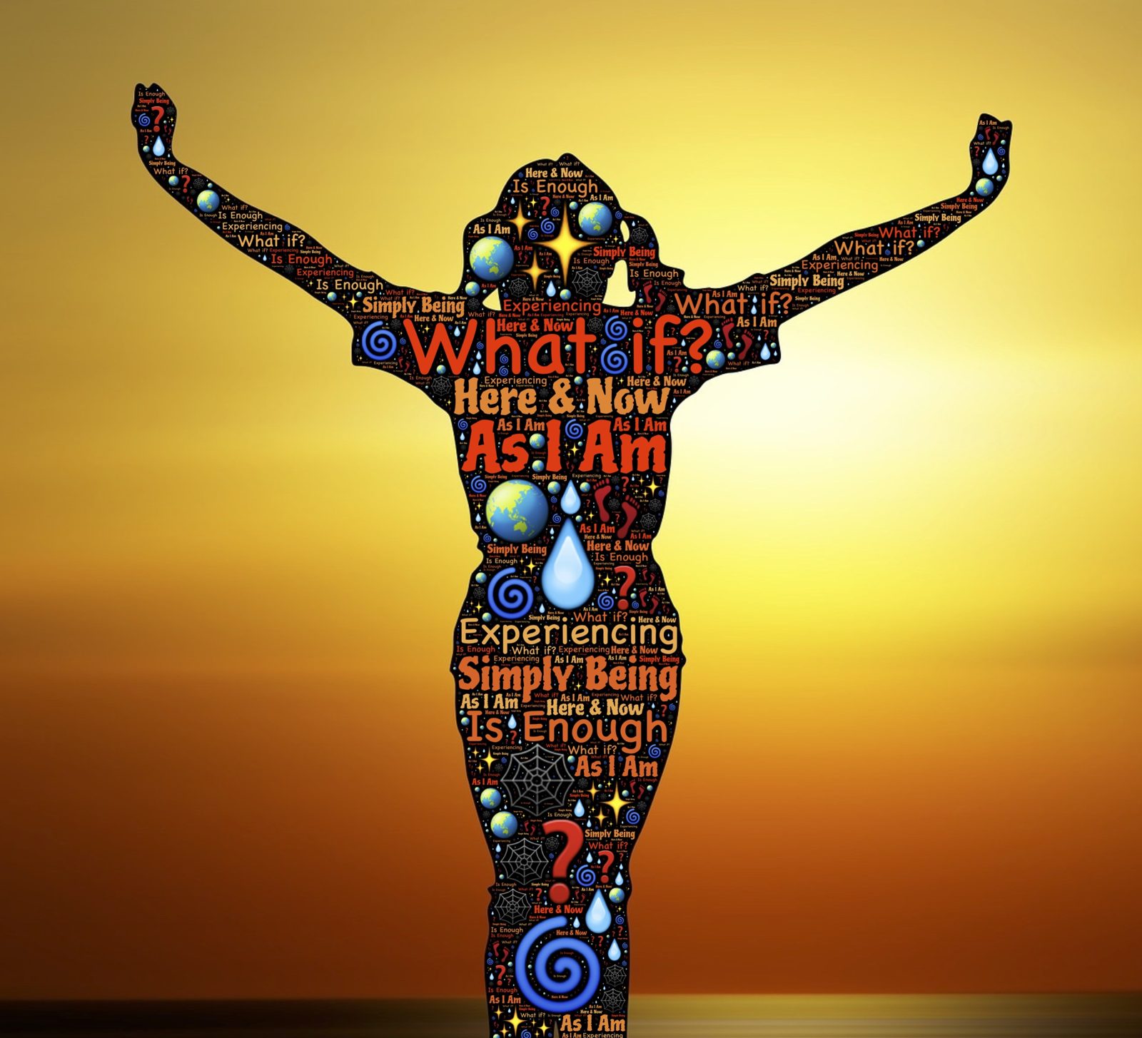 Artwork of a human figure with arms raised against a golden sunset, the body filled with colorful patterns.
