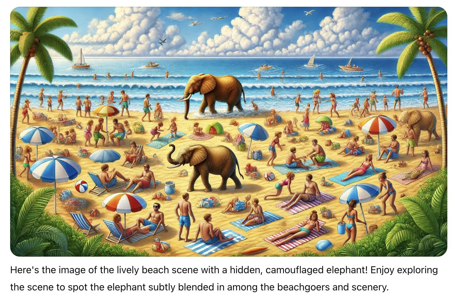 AI-generated beach scene, 2025. A large gray elephant stands in plain view in the middle of the crowded beach.