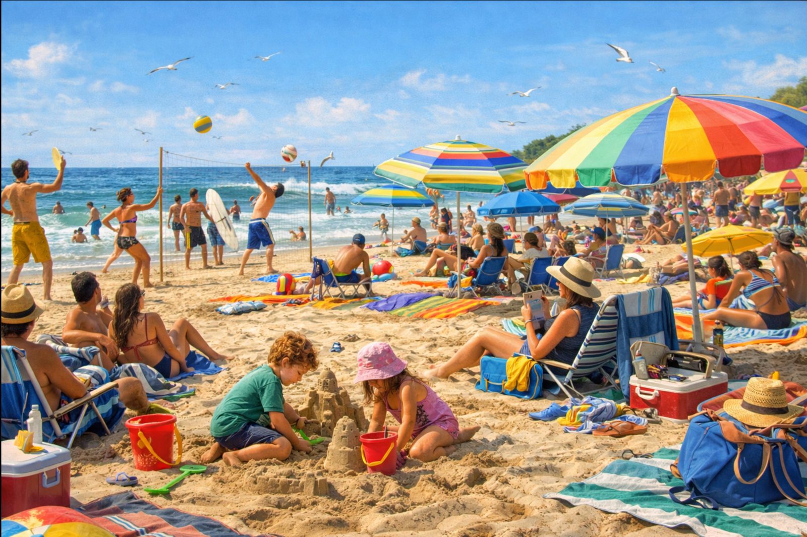 AI-generated beach scene, 2026. A crowded beach with umbrellas, sandcastles and children. No elephant is visible.