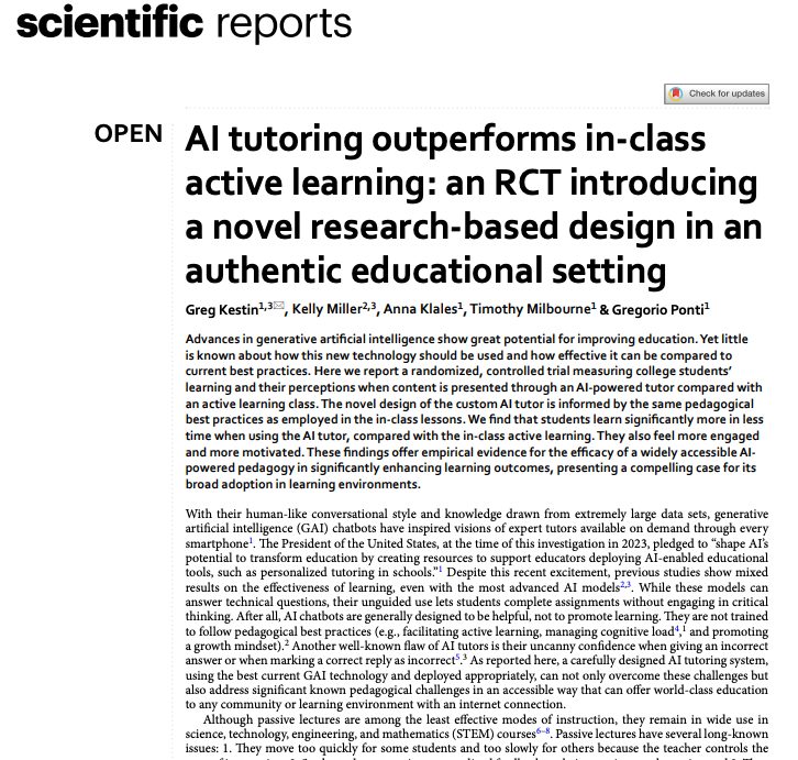First page of the Scientific Reports article AI tutoring outperforms in-class active learning: an RCT introducing a novel research-based design in an authentic educational setting, by Kestin and colleagues
