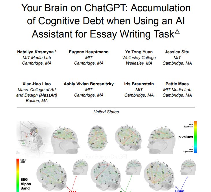 First page of the preprint Your Brain on ChatGPT: Accumulation of Cognitive Debt when Using an AI Assistant for Essay Writing Task, by Kosmyna and colleagues, MIT Media Lab