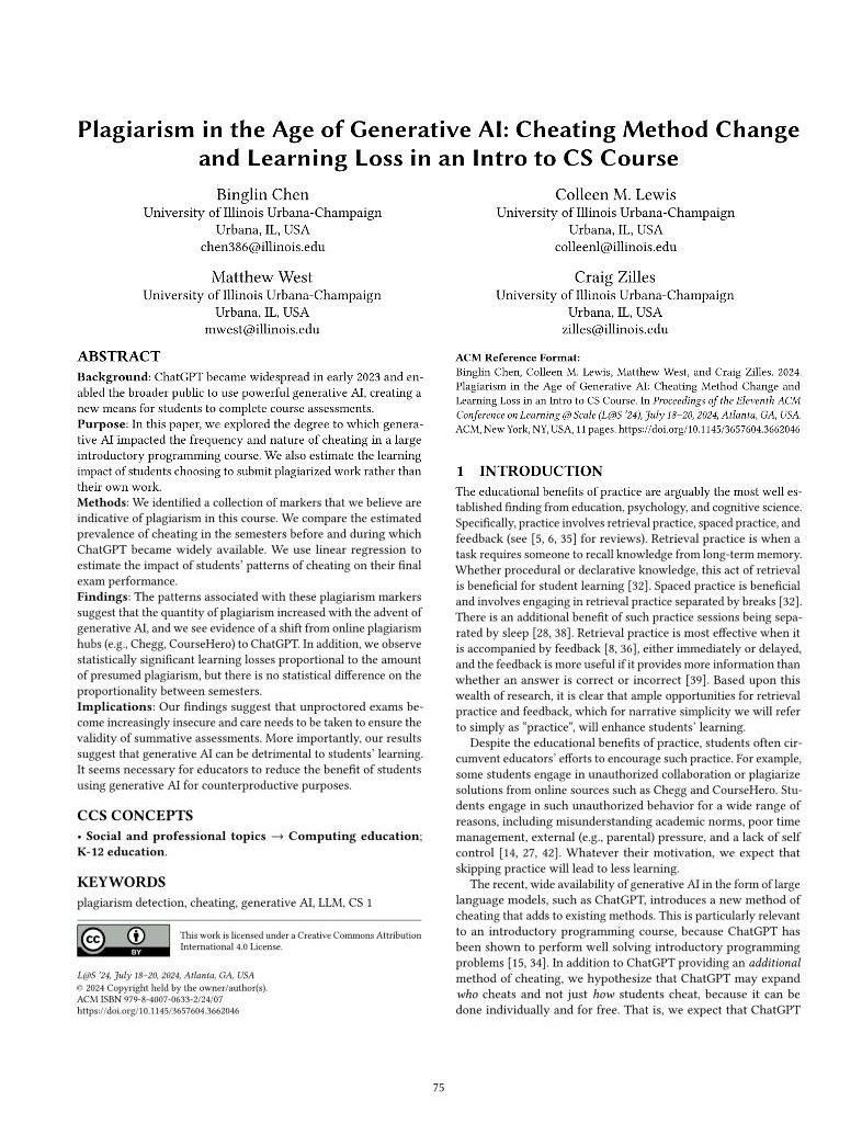 First page of Chen et al., 2024, “Plagiarism in the age of generative AI: Cheating method change and learning loss in an intro to CS course”, ACM Learning @ Scale