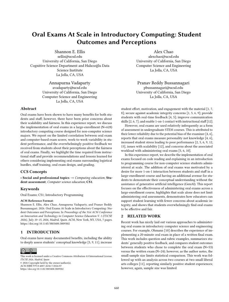 First page of Ellis et al., 2026, “Oral exams at scale in introductory computing: Student outcomes and perceptions”, ACM ITiCSE
