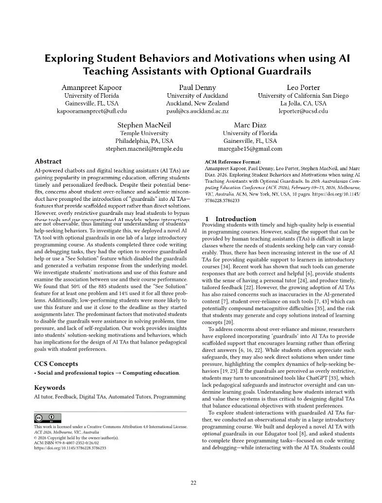 First page of Kapoor et al., 2026, “Exploring student behaviors and motivations when using AI teaching assistants with optional guardrails”, Australasian Computing Education Conf.