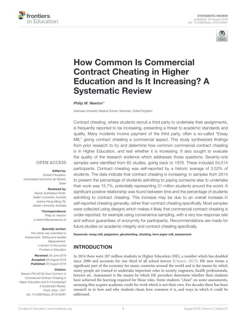 First page of Newton, 2018, “How common is commercial contract cheating in higher education and is it increasing? A systematic review”, Frontiers in Education