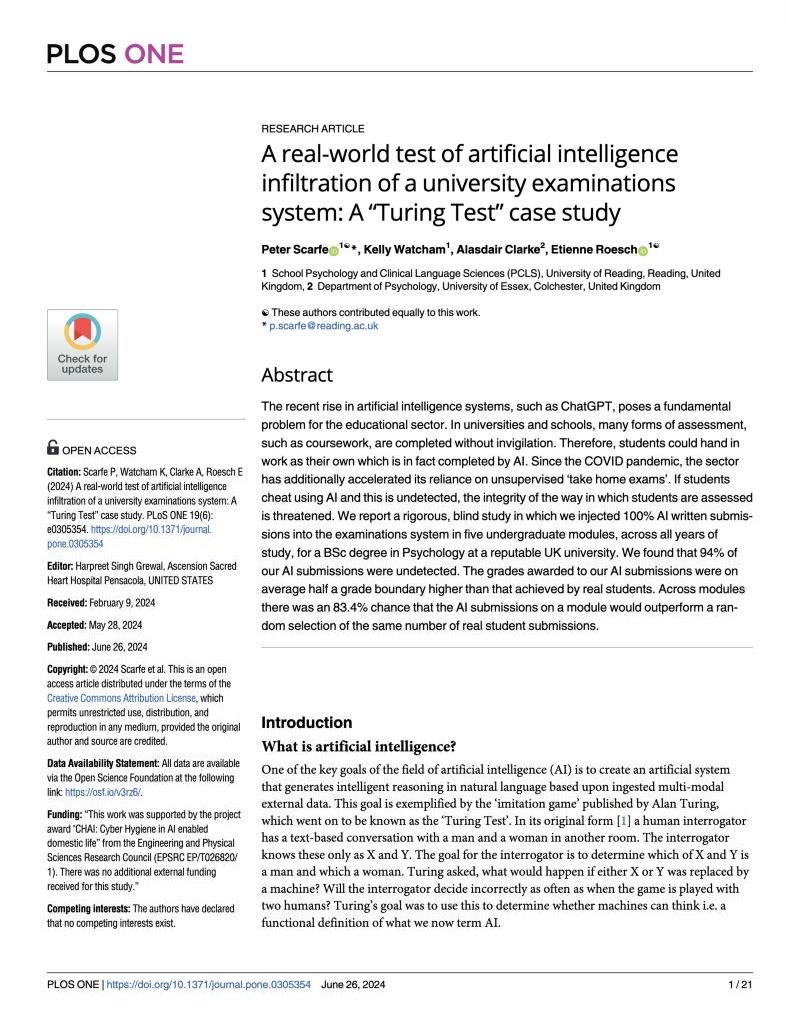 First page of Scarfe et al., 2024, “A real-world test of artificial intelligence infiltration of a university examinations system: A “Turing Test” case study”, PLOS ONE
